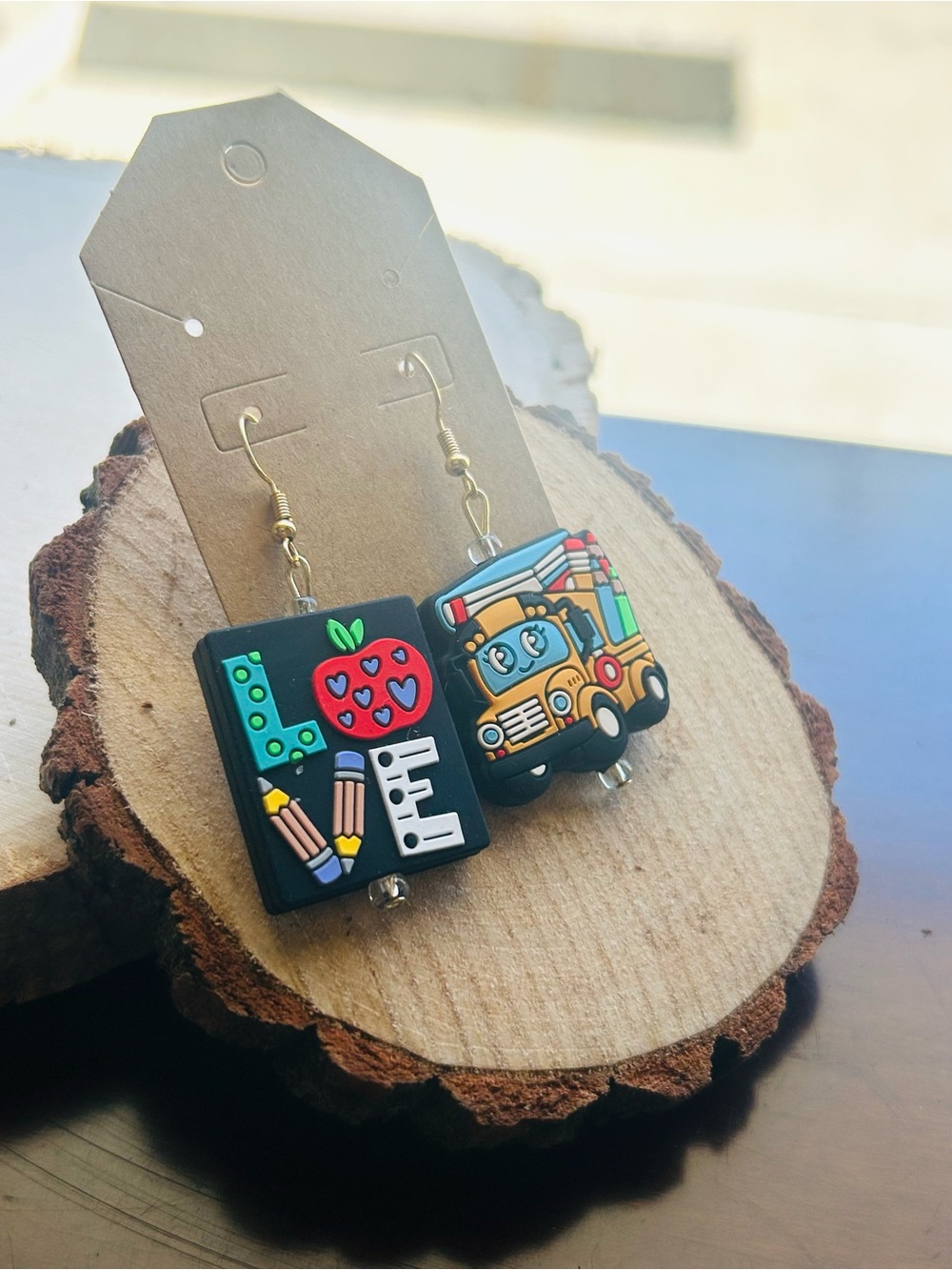 Teacher School Dangle Earrings | Apple & School Bus - Picture 5 of 6